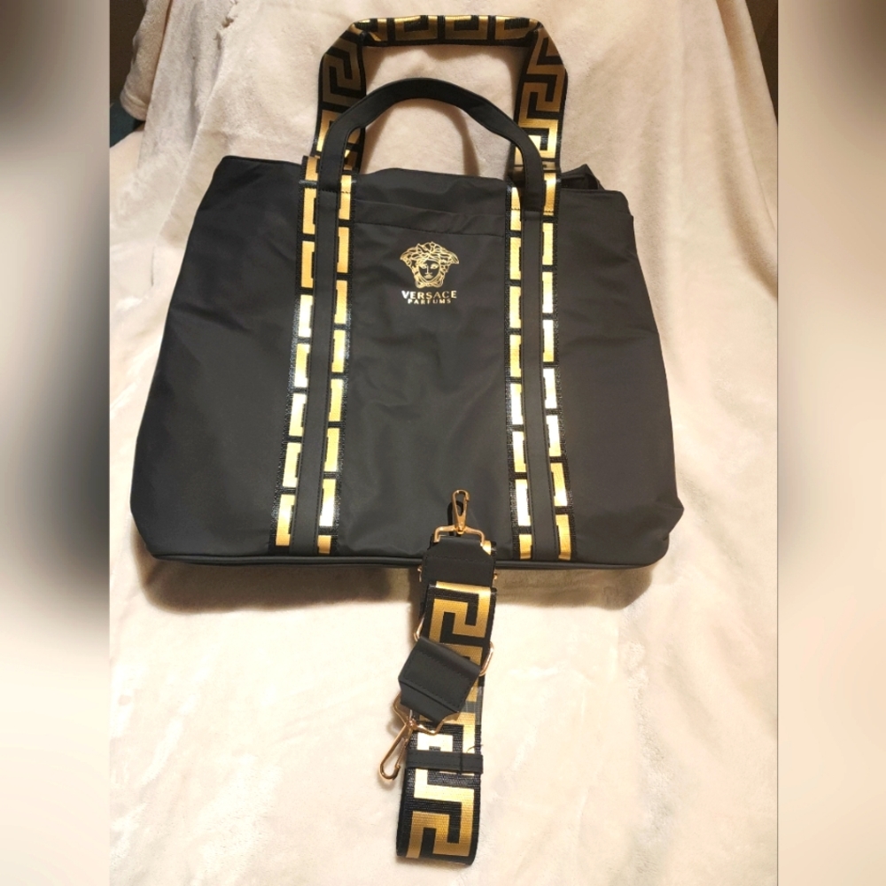 New Versace Parfums Black faux leather tote bag